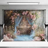 Aperturee Aperturee Dusty Blue Tulle Wedding Arch Photography Backdrop Romantic Pink Roses and Greenery Indoor Night Ceremony Prop